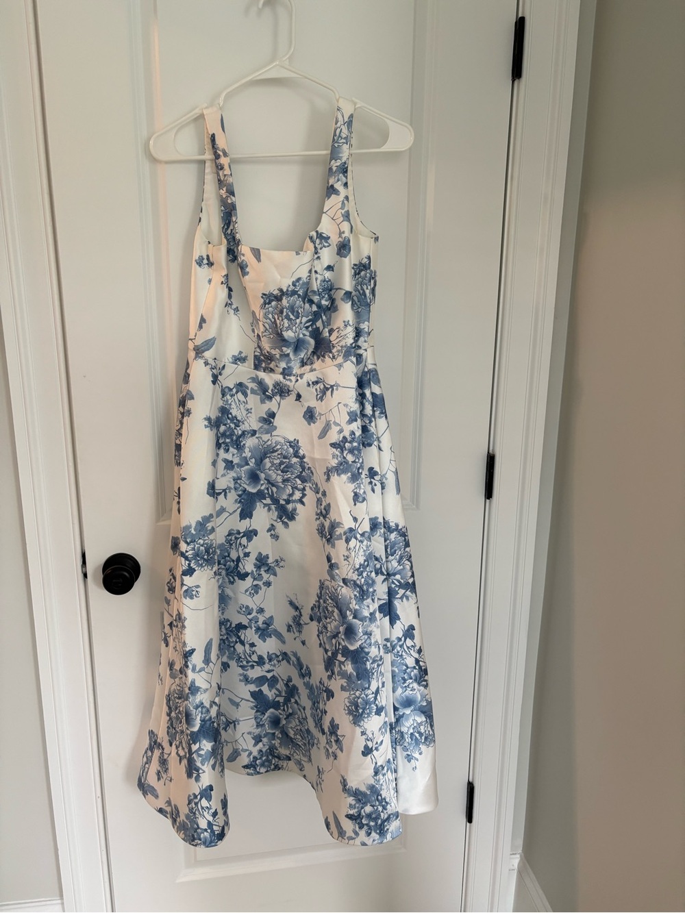 Dessy Collection White and Blue Floral A-Line Dress